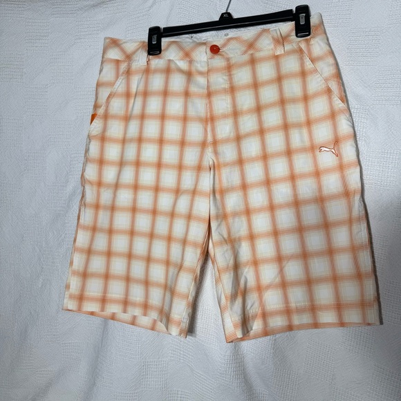 Puma Men's DryCell Tech Orange White Plaid‎ Golf Shorts -32 Flat Front - Picture 1 of 8